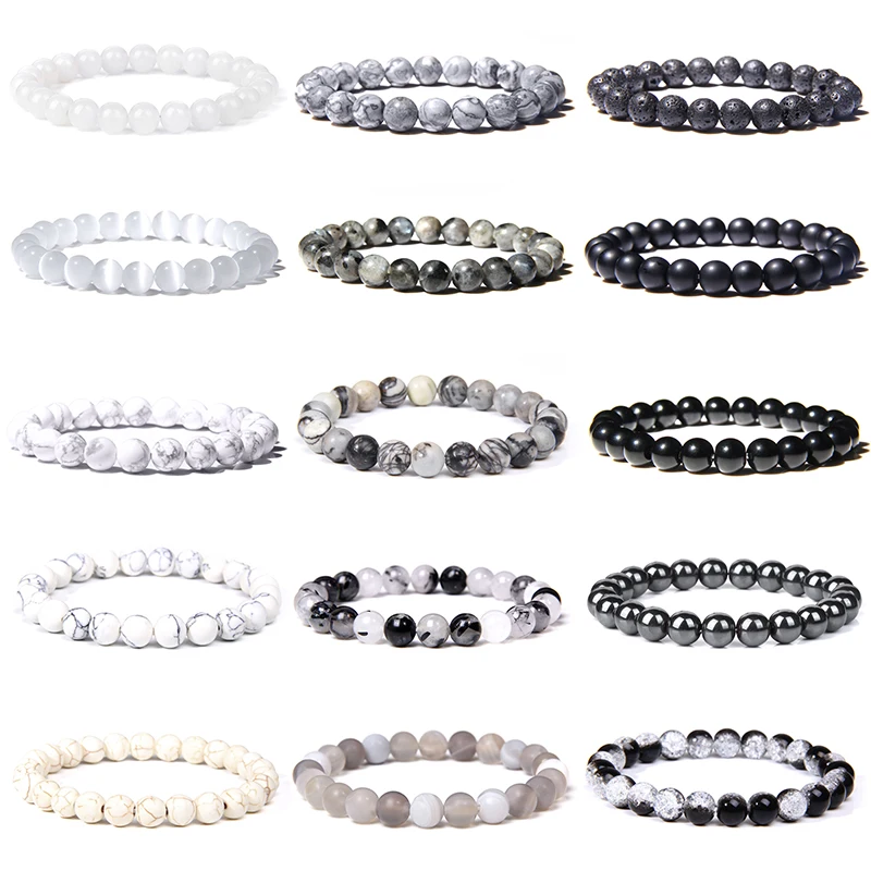 

Black White Natural Stone Beaded Bracelet 8mm Agat Howlite Bracelets Yoga Energy Stretch Bracelet for Men Women Jewelry Gift