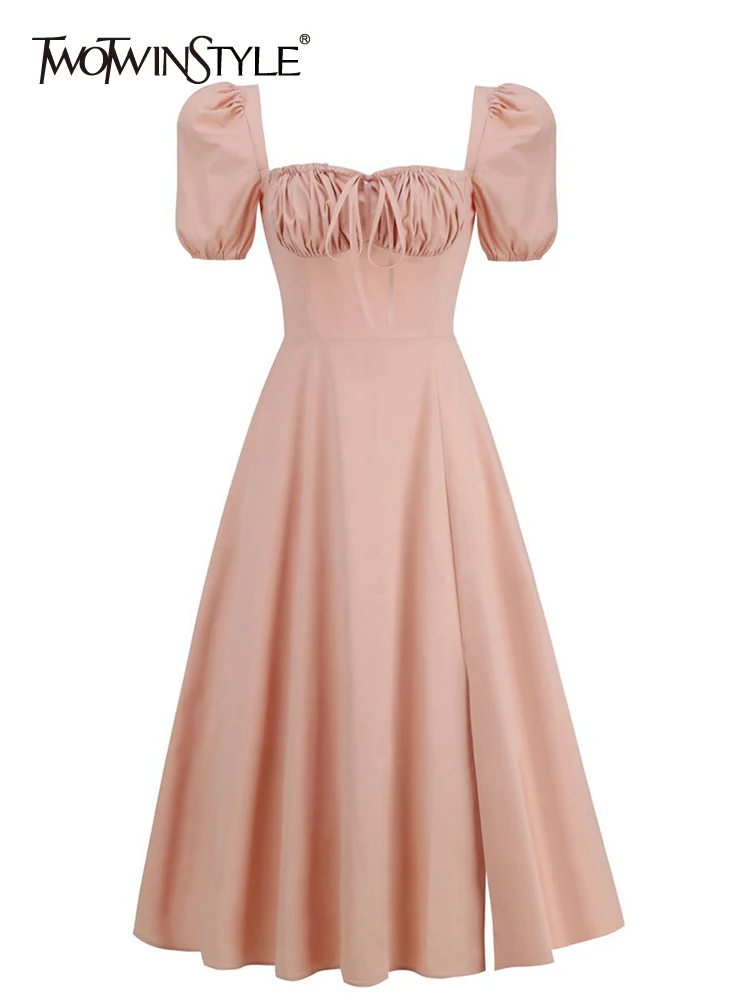 

TWOTWINSTYLE Korean Style Pink Dress For Women Square Collar Short Puff Sleeve Split Thigh High Waist Midi Dresses Female 2022