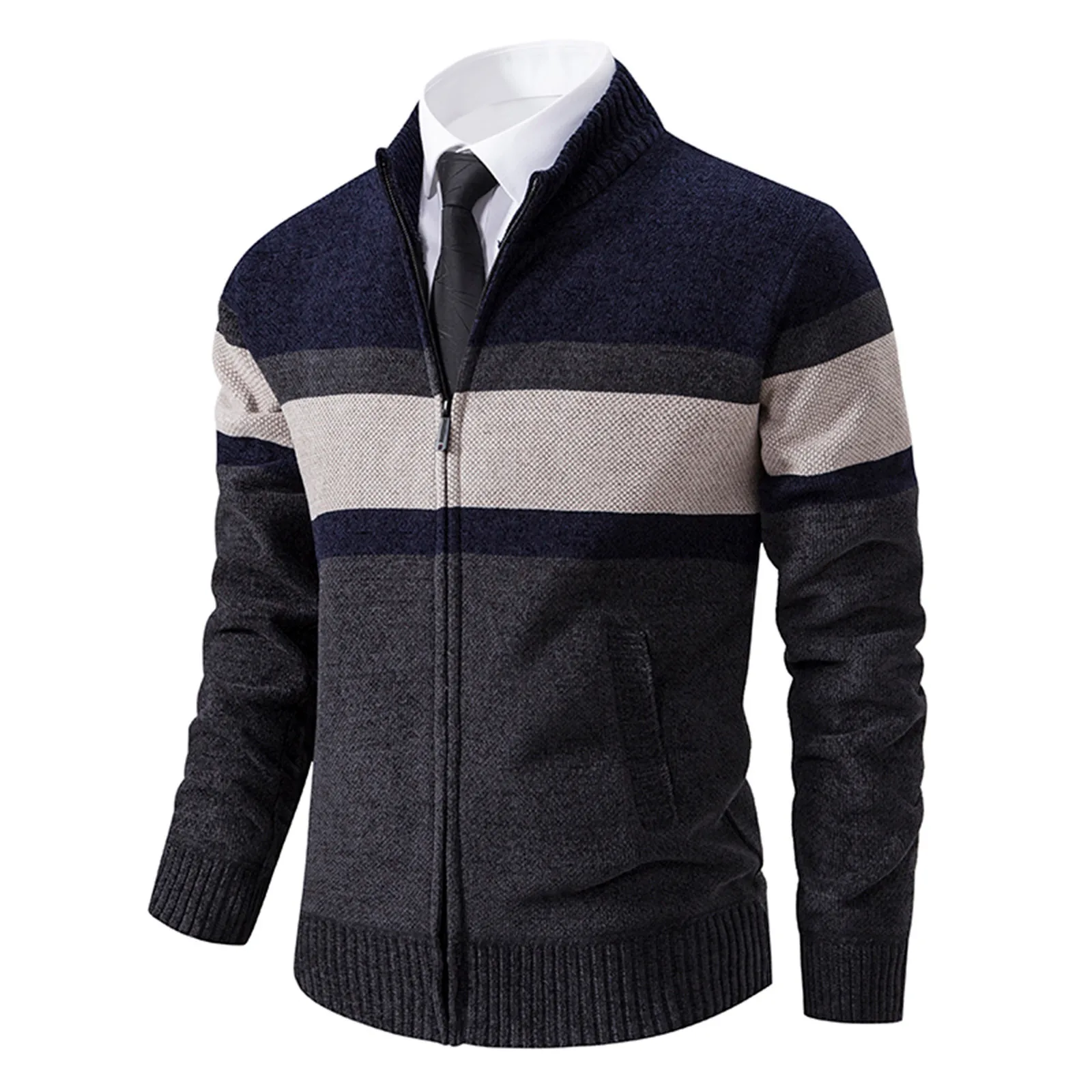 

Mens Color-Matching Knitted Cardigan Coat Autumn And Winter Fashion Casual Sweater Coat With Velvet Padded Sweater Jacket Coat