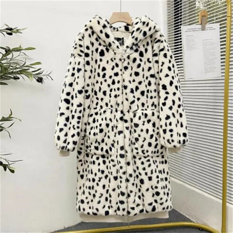 Winter new fur coat womens imitation fur Leopard print clothes thickened mid-length hooded plush куртка женская warm