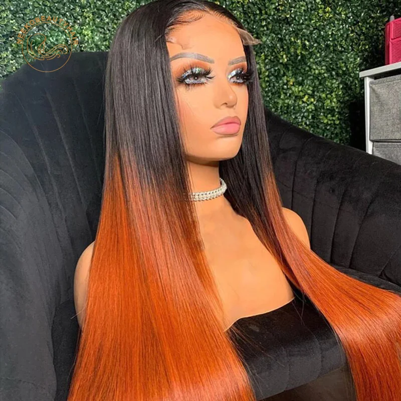 Парик фронтальный с прозрачной сеткой 2 оттенка черный оранжевый прямой 13x4 парик