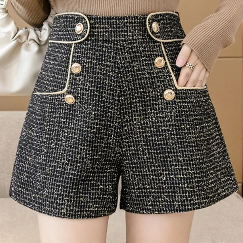 Fashion Small Fragrance Tweed Wool Shorts Women Double Breasted High Waist Wide leg Autumn Winter