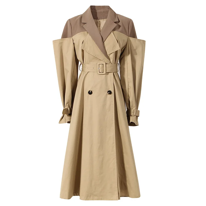 

Chic Twotone Patchwork Notched Collar Women Ultra Long Trench Jacket Belted Waist Faux Two-Piece Wind Coat