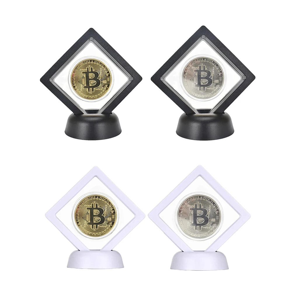 Silver Gold BTC Coin Physical Bitcoin Old Coin with Display Stand Storage Box for Souvenir Collection Home Office Decoration