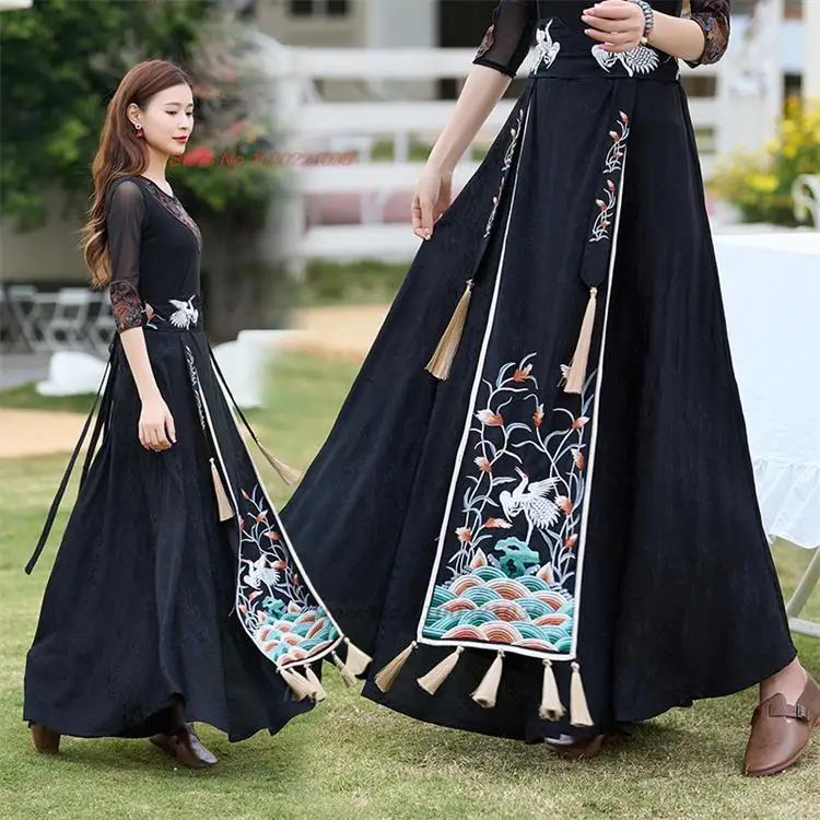 2023 chinese improved skirt flower embroidery ethnic harajuku jacquard skirt women traditional elastic waist folk a-line skirt