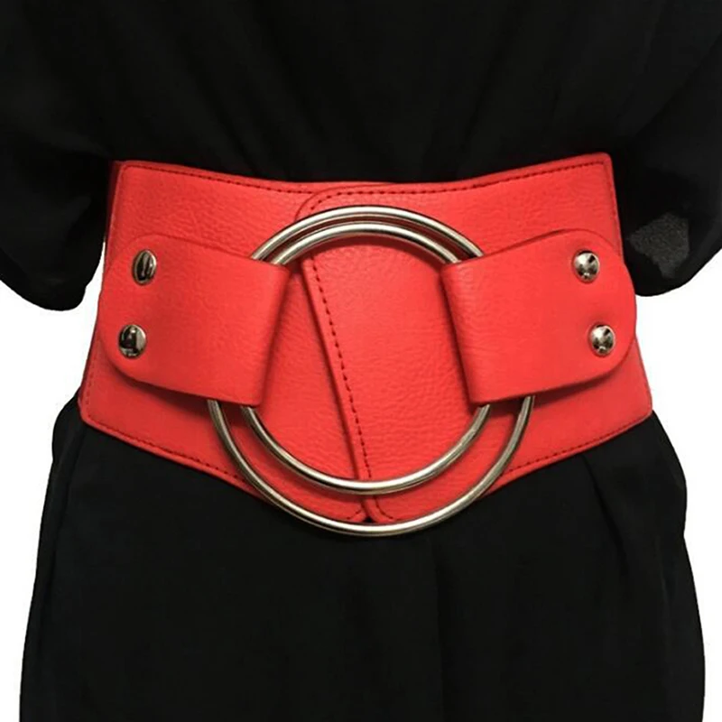 

Vintage Wide Waist Elastic Belts for Ladies Stretchy Corset Waistband Metal Big Ring Women's Belt Fashion Women Cummerbund PU