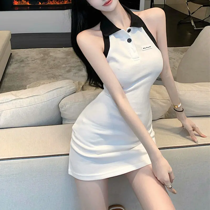 

Summer Polo Neck Halterneck Dress Women Slim Temperament Sleeveless Dress Sexy Backless Dresses Female Bag Hip Skirts