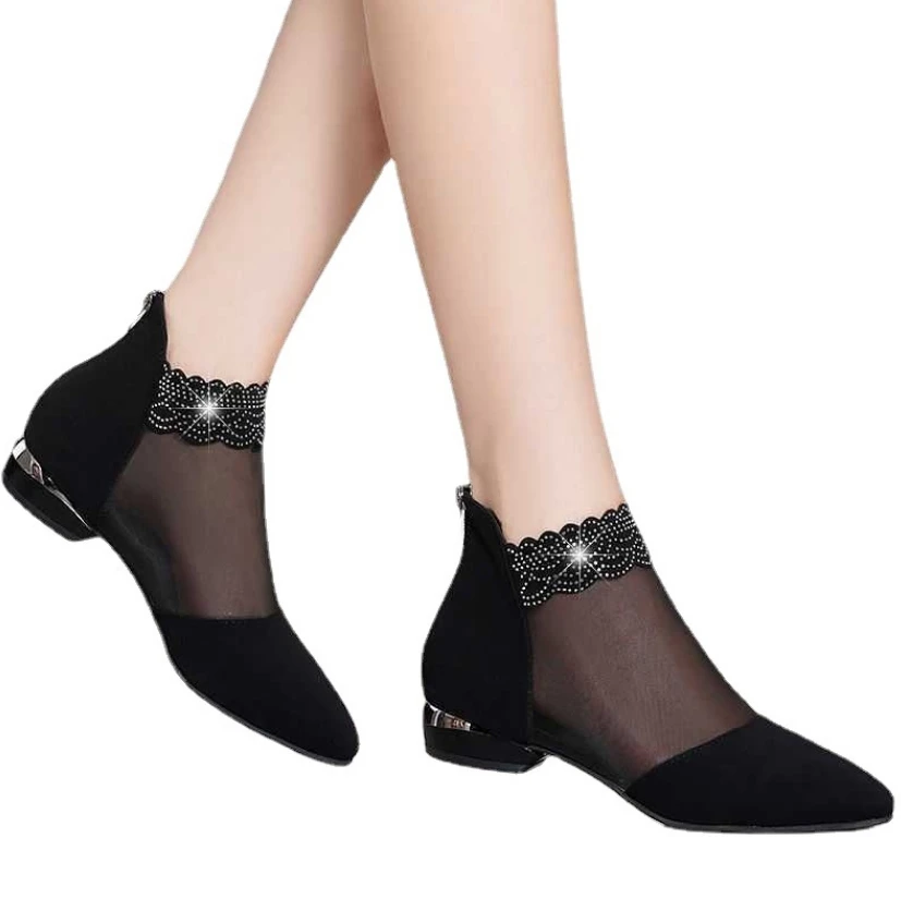 

Женские босоножки с цветочным кружевом, босоножки на высоком каблуке с острым носком, сетчатые туфли на низком каблуке с застежкой-молнией, ...