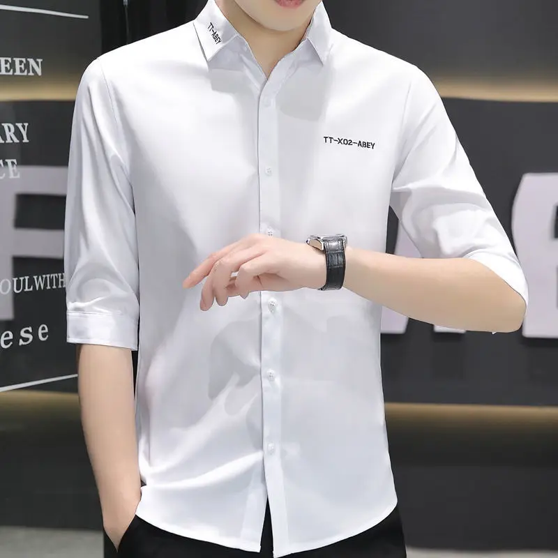 Ice silk short-sleeved men's shirt 2022 new trend three-quarter sleeve handsome and versatile business casual men's shirt top