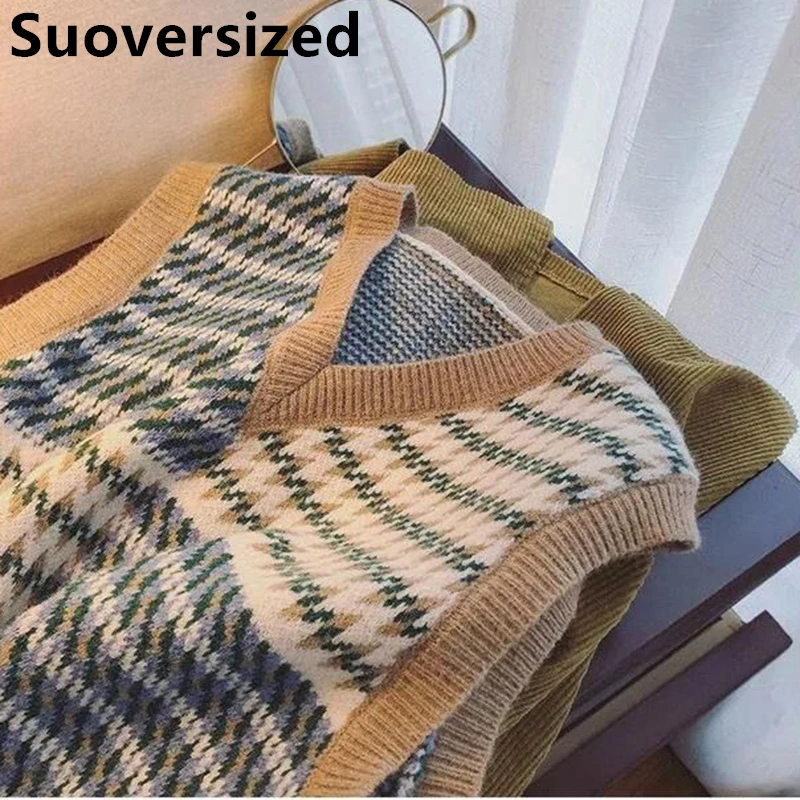 

Женский жаккардовый жилет с V-образным вырезом, Свободный Повседневный вязаный джемпер в Корейском стиле, винтажная уличная одежда, топы без рукавов для весны и осени