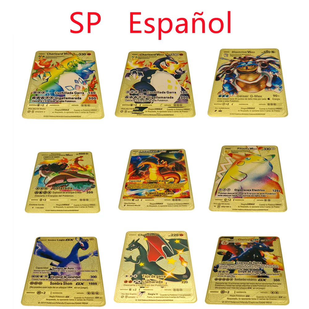 

Pokemon Cards Metal Spanish & English Cards Pikachu Charizard Mewtwo GX Vmax Game Battle Trading Cards Kids Toys Birthday Gifts