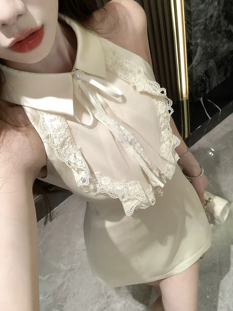 Французское кружевное платье без рукавов с подвесным воротником женское летнее