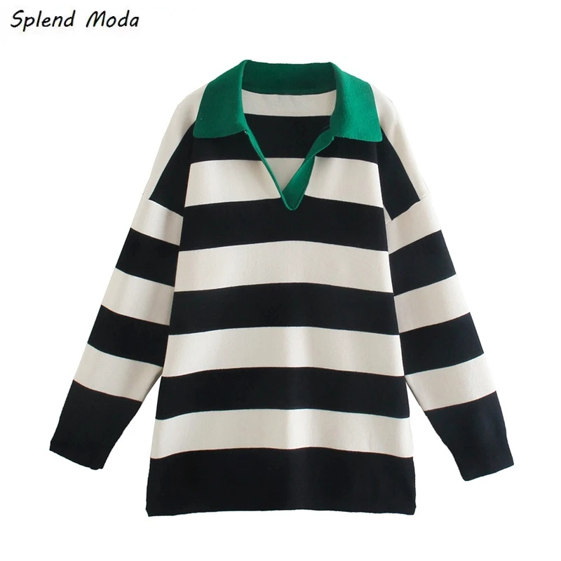 

Splend Moda Autumn 2021 Fashion Vintage College Style Striped Jacquard Casual Polo Collar Loose Women Sweater Pullover Female