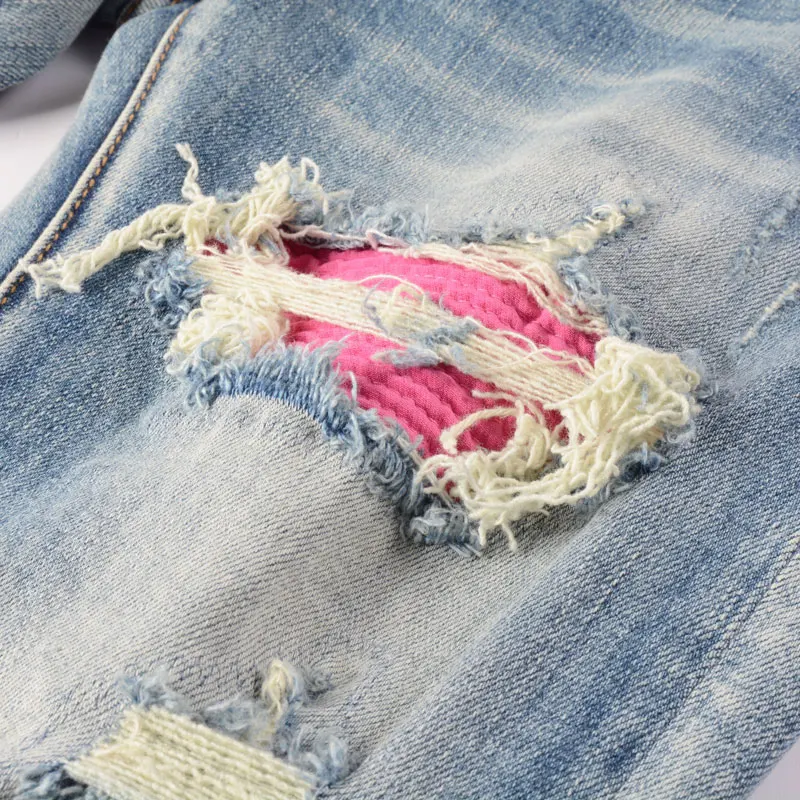 Streetwear Fashion Men Jeans Retro Light Blue Stretch Slim Fit Hole Ripped Jeans Men Patched Designer Hip Hop Brand Pants Hombre