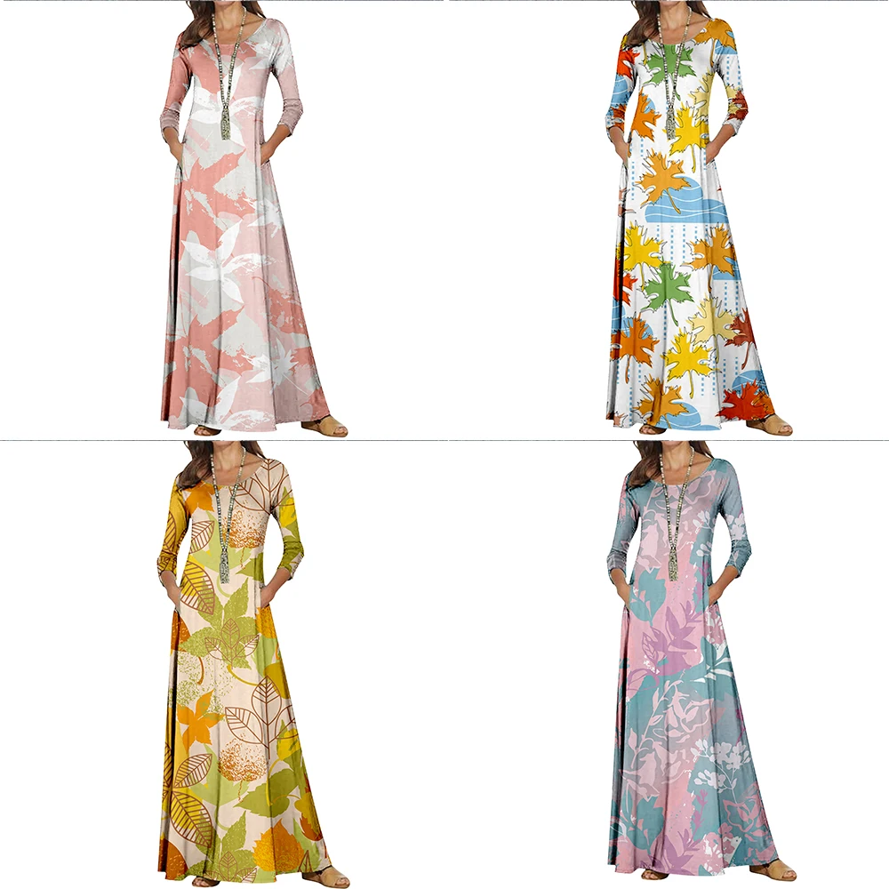 

2022 Summer Women's Three-quarter Sleeves Round Neck Fashion Leaf Print High Waist Elegant Dress