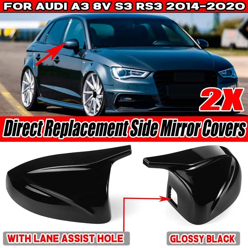 

Black Car Side Mirror Cover Rear View Mirror Direct Replace Cap for- A3 8V S3 RS3 2014-2020 with Lane Assist Hole