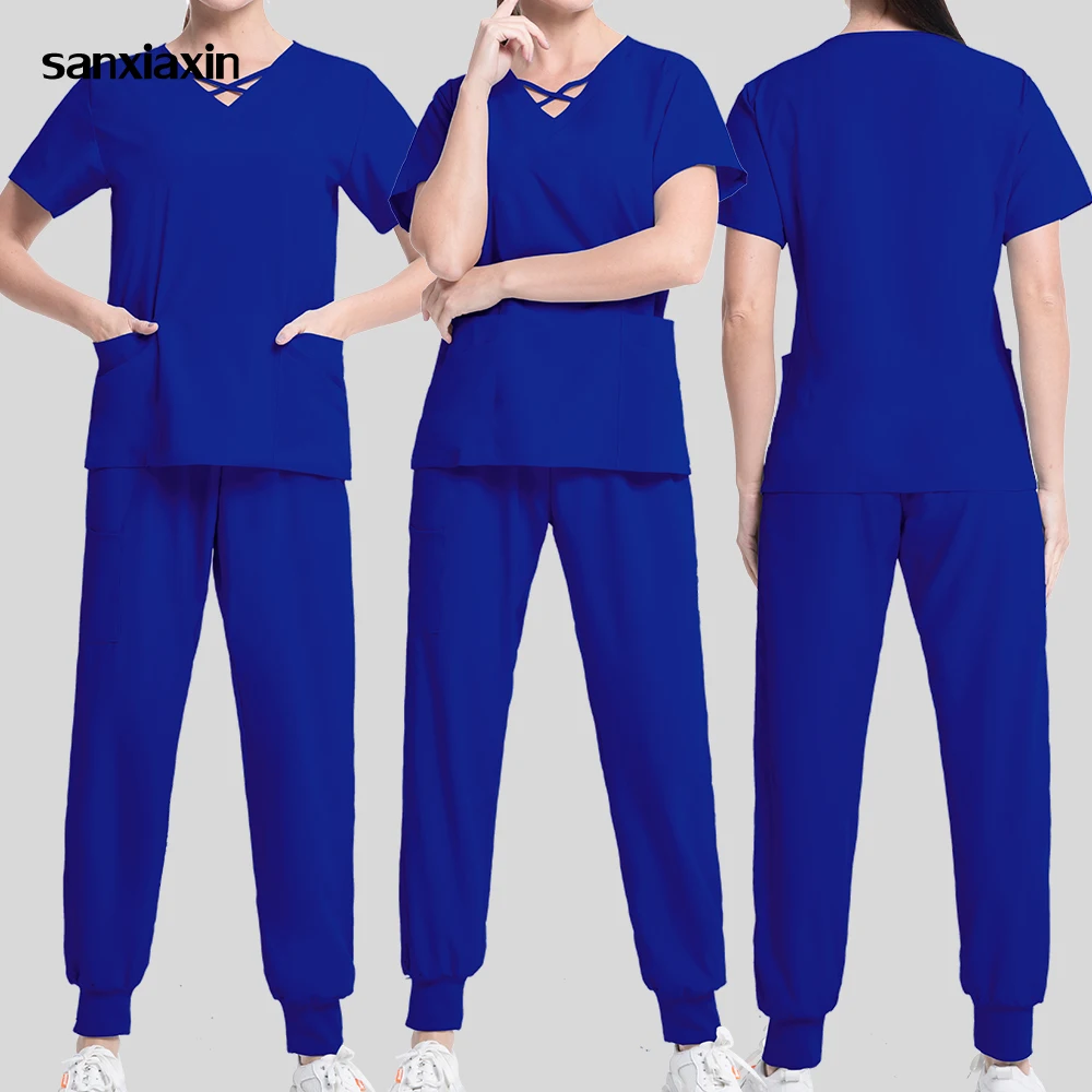 

Summer Jogger Set Women's Short Sleeve V-neck Uniform Health Workers T-shirt Tops Pants Sexy Nurse Doctor Uniform Clinic Blouse