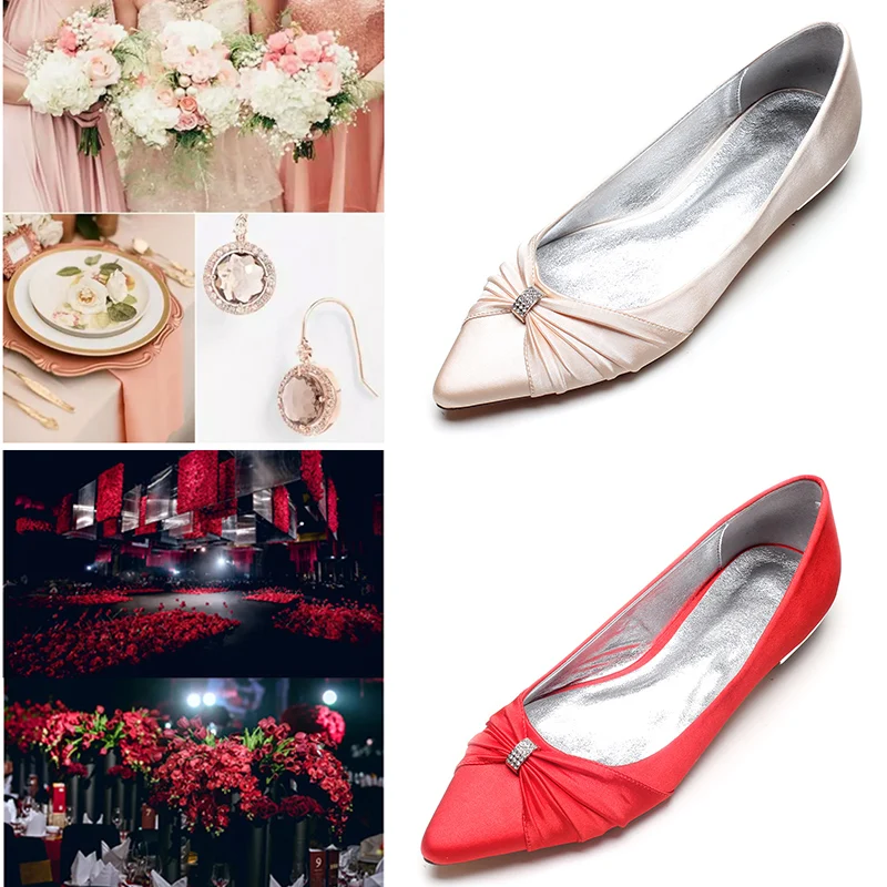 

Comfortable Bridal Shoes Satin Pointed Toe Evening Party Flats Elegant Silp-On Daily Working Low Heels