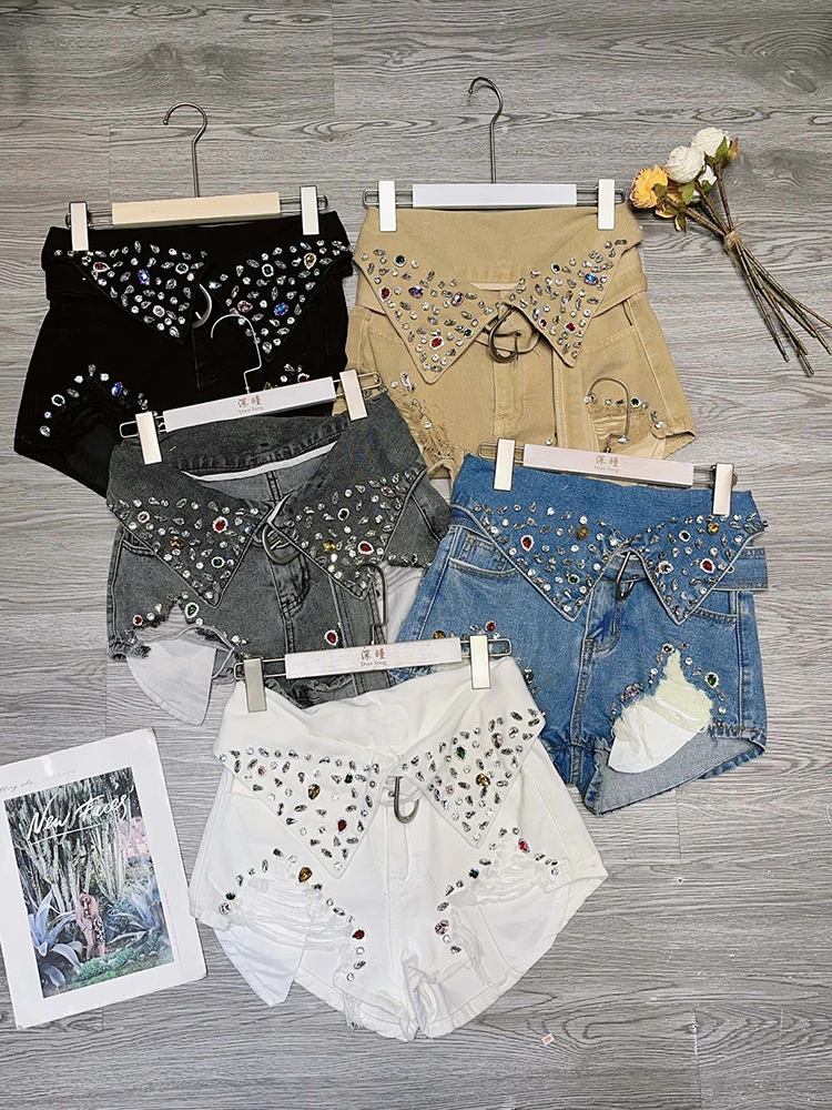 

2023 Summer women's new denim shorts y2k clothes spicy fashion heavy work studded diamond flip waist belt jeans hundred with Top