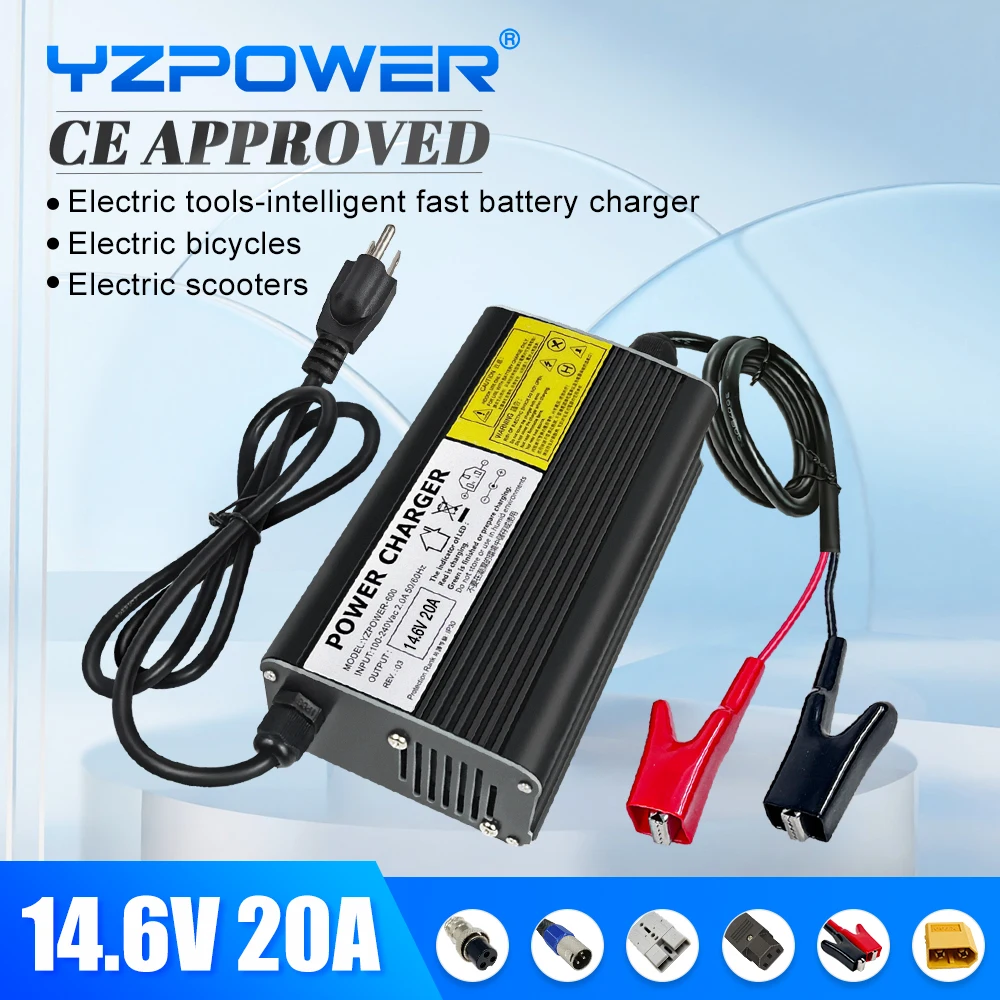 

YZPOWER 14.6V 20A Lifepo4 Lithium Battery Charger For 12V Li-Ion Lipo Battery Pack Electric Bike with Fans with Outplug