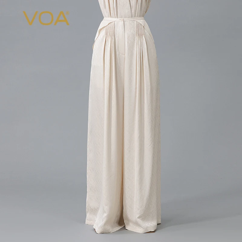 

VOA Champagne 22 Momme Jacquard Mulberry Silk One Button Natural Waist Three-dimensional Pleated Silk Wide-leg Pants Women KE789