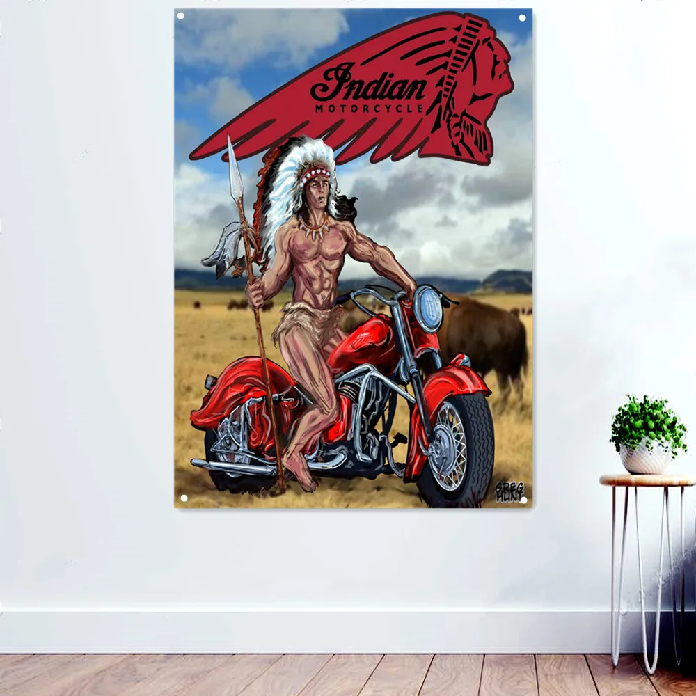 

Indians Motorcycle Rider Posters & Prints For Boys Room Banner Wall Art Flag Pub Club Man Cave Bar Garage Wall Decor Painting