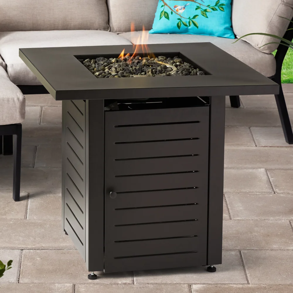 

Mainstays 28" Square 50000 BTU Propane Gas Fire Pit Table with Lava Rocks Metal Lid Protective Cover portable fire pit indoor