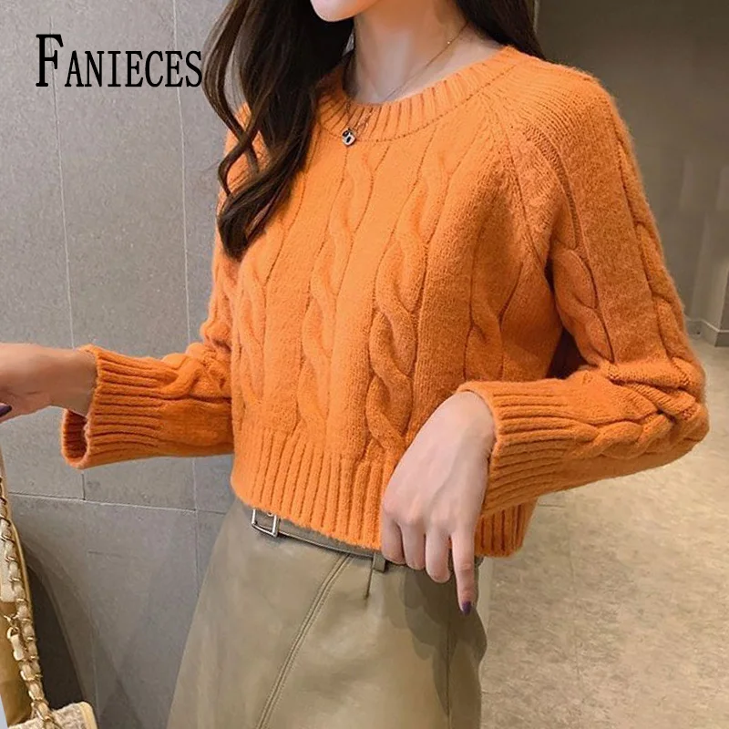 

FANIECES Зимний вязаный свитер, пуловеры, женские элегантные утепленные вязаные джемперы с круглым вырезом, офисные женские топы