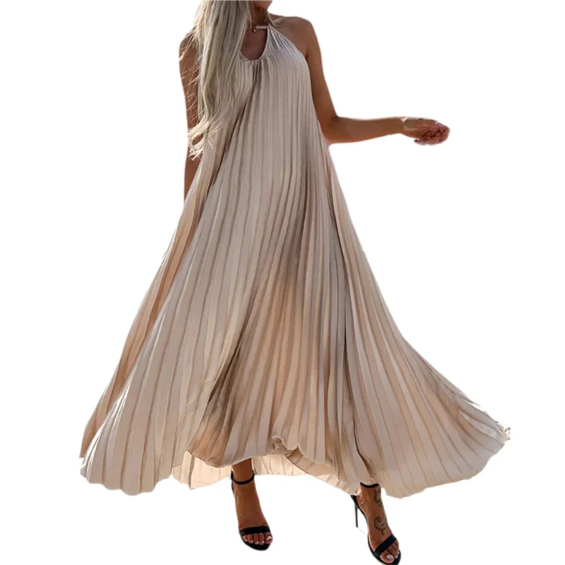 

Летнее Плиссированное длинное платье с открытой спиной, Женские однотонные свободные платья без рукавов с завязкой на шее и открытой спино...