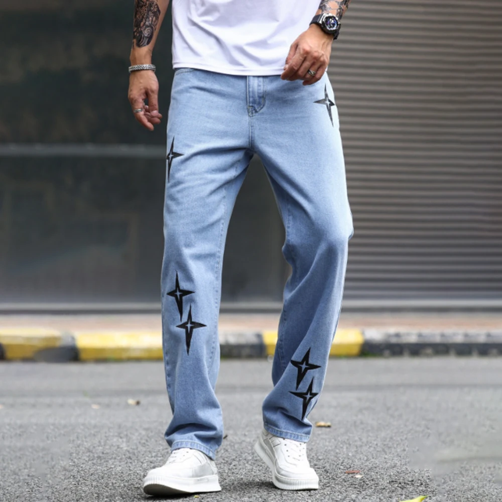 Print Star Pants Streetwear Baggy Men Jeans Korean Fashion Loose Straight Male High Street Hip Hop Japan Style Male Trousers
