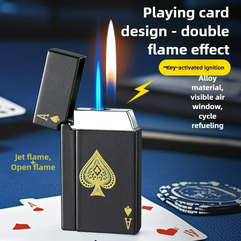Фото Горячая новинка: креативная газовая зажигалка Ace Double Flame с бутаном, визуальным окном уровня газа, регулируемым струйным пламенем, металлическая, для мужчин №5