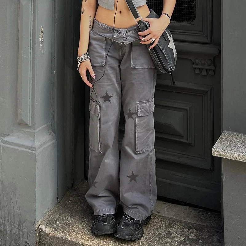 

Indie Star Print Denim Cargo Pants 2000s Retro Harajuku Grunge Baggy Trousers Big Pockets Vintage Y2K Low Rise Jeans Streetwear