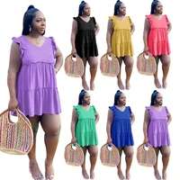 women plus size dress v neck sleeveless ruffle dress summer loose elegant casual ladies solid color pleated mini dresses