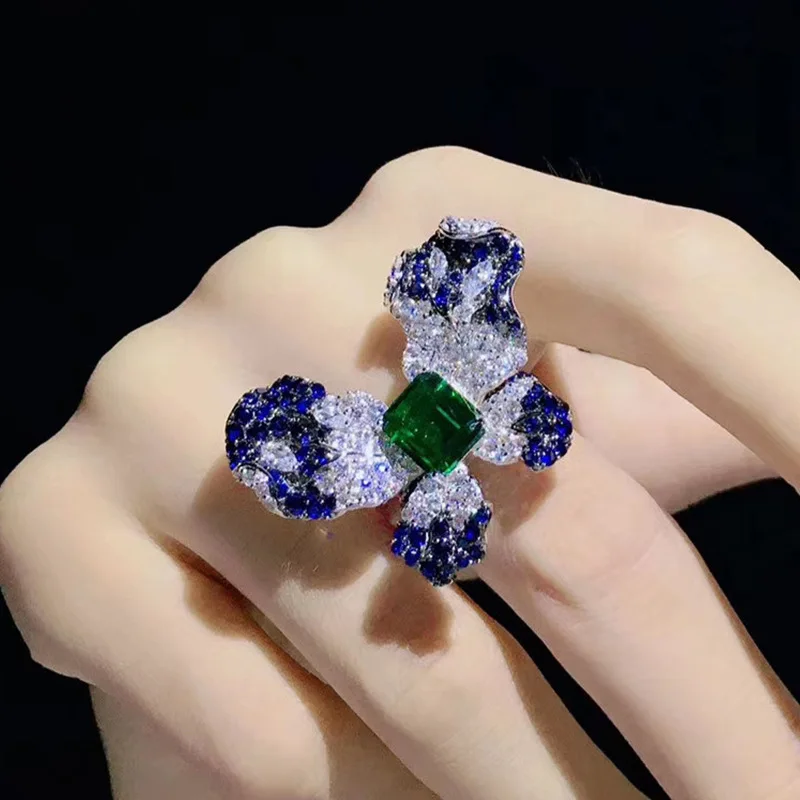 

New Stunning Sweet Cute Luxury Jewelry 925 Sterling Silver Pave CZ Diamond Zircon Women Wedding Move Blue Butterfly Ring Gift