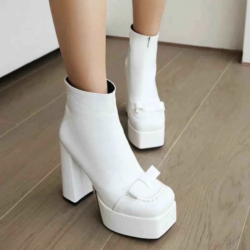 

Black White Women Ankle Boots Platform Thick High Heel Ladies Short Boots PU Leather Square Toe Back Zipper Women's Boots 2022