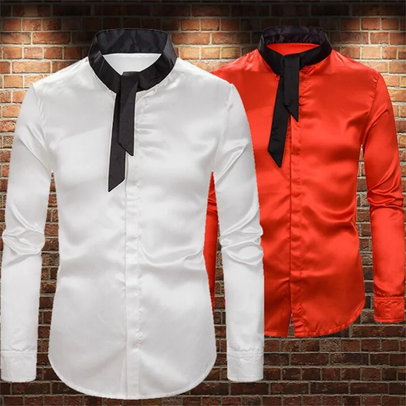 

fashion punk shirt men long sleeve loose shirt teenage korean ribbon Tie shirt mens personality stage singer dance b484