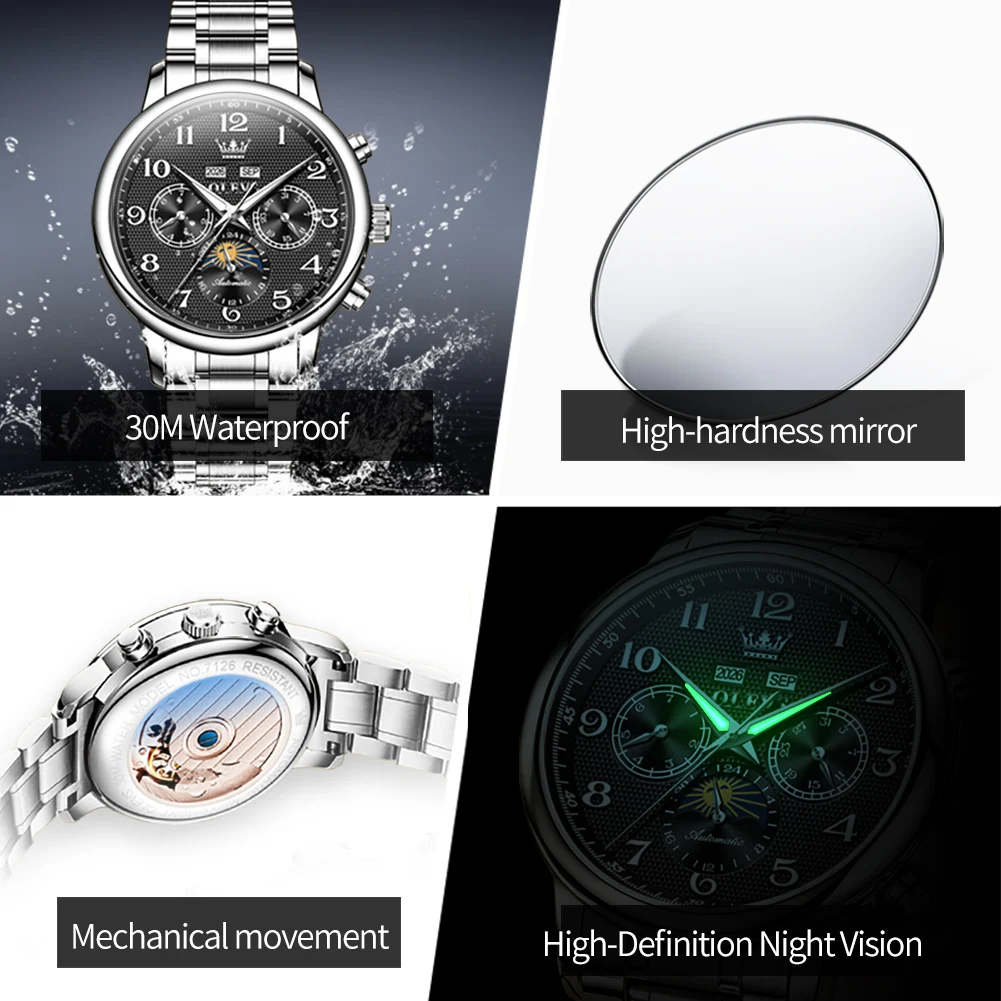 Мужские часы OLEVS 7126 New Moon Phase, модные, с цифровым циферблатом, многофункциональные, с вечным календарем, автоматические, механические. (art.: 3920db53ebf41) - 3920db53ebf41