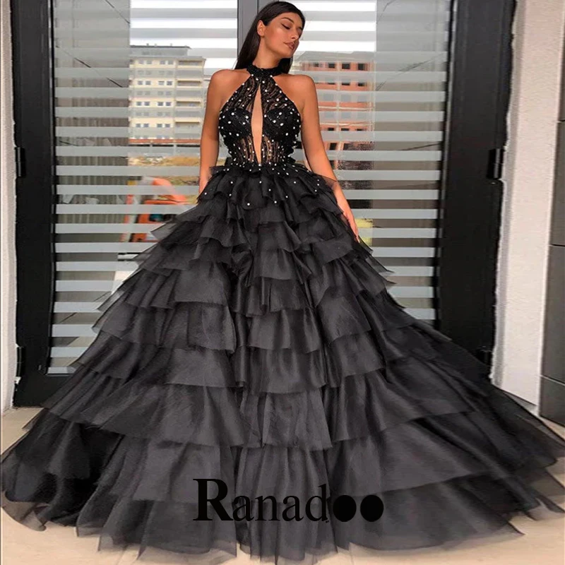 

Rabdoo Halter A Line Evening Party For Women Sexy Beading Tiered Sleeveless Tulle Backless Zipper Robes De Soirée Personalised