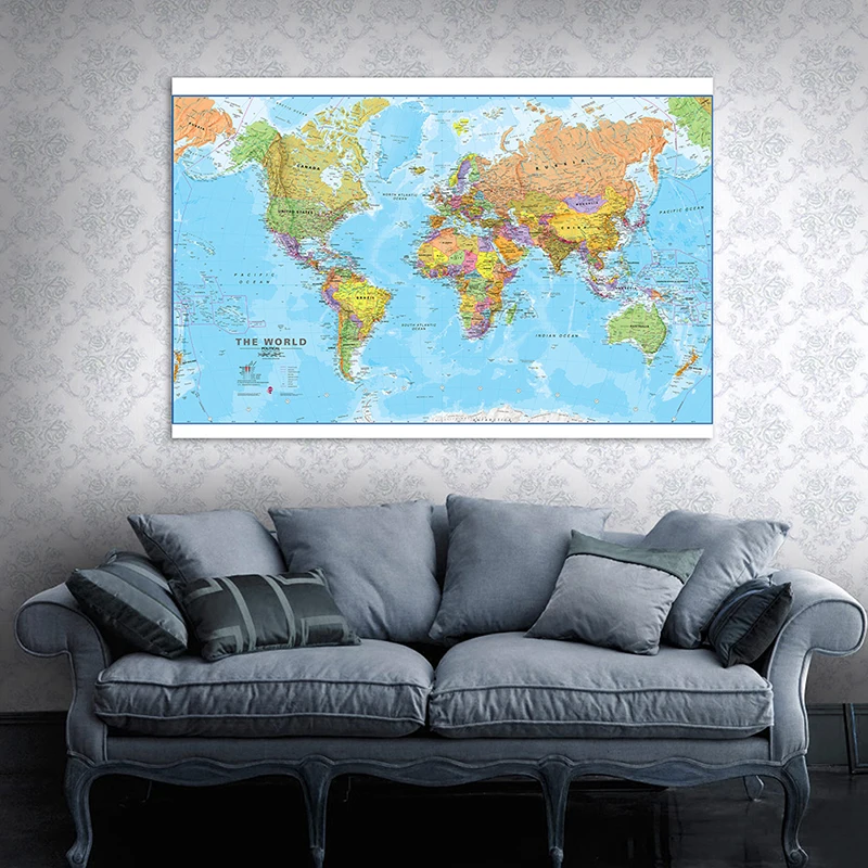 

120*80cm Map of The World Unframed Political Picture Wall Art Poster Classroom Supplies Home Decoration Vinly Canvas Painting