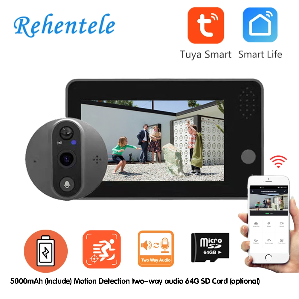 WiFi Smart 1080P Video Doorbell Peephole Camera Viewer Home Security Two-way Audio HD Night Vision Tuya WiFi Doorbell Camera