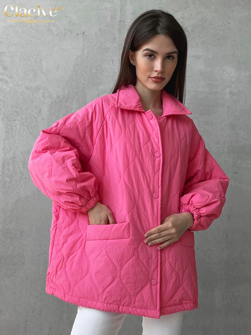 Clacive Winter Coat For Women Fashion Lapel Long Sleeve Lady Coats Casual Loose Single Breasting  Jackets Female Clothing Pocket