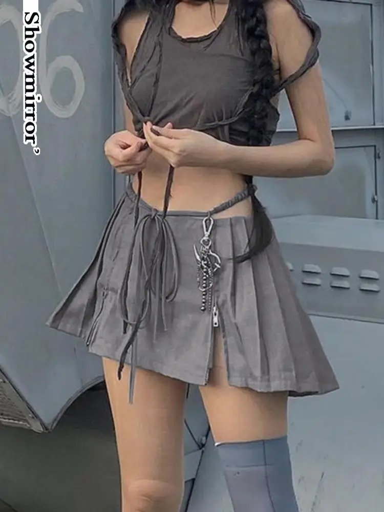 

Showmirror однотонная женская юбка с заниженной талией, бандажная уличная одежда, шикарная Повседневная трапециевидная летняя юбка с разрезом н...