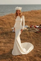 simple long sleeve mermaid bridal dress 2021 backless sweep elegant wedding dresess satin custom made civil robe de mariee