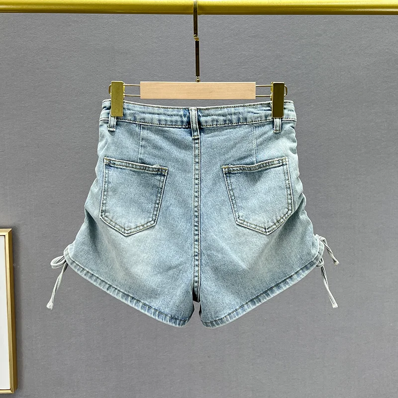 Sequined Denim Shorts For Women 2023 Summer Stretch High Waist Slim Fit Slimming Exquisite Rhinestone Wide Leg Jeans Hot Pants