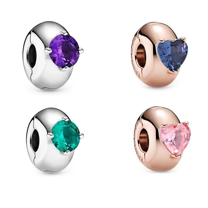 

100% Silver Color charms Rose Gold Pink Heart Clip Charms fit Original Pandora Beads Bracelet silver jewelry