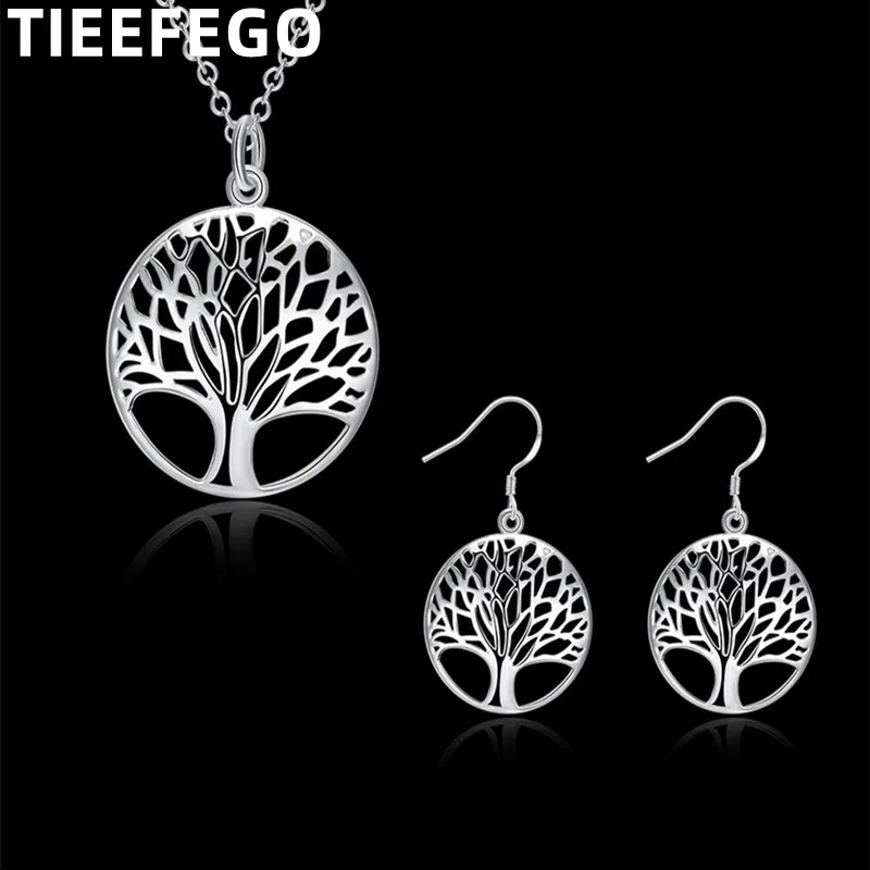

TIEEFEGO Jewelry Sets 925 Sterling Silver Fine Retro Round Tree Pendant Necklace Earrings Fashion Party Wedding Holiday Gifts