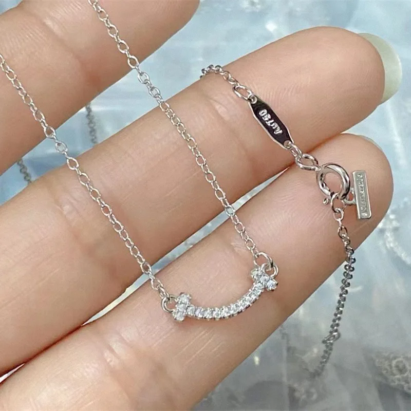 

Ожерелье из серебра 925 пробы, 18 карат, розовое золото, полностью алмазное мини-ожерелье с улыбкой, цепочка на ключицу, подарок на день Святого...