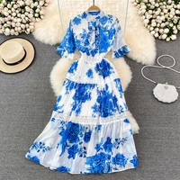 summer retro palace style stand up collar blue and white porcelain print chiffon dress elegant temperament large swing dress