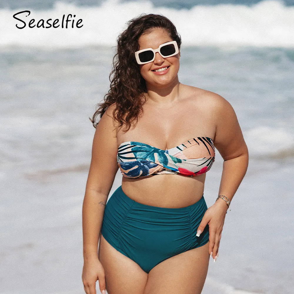 

SEASELFIE размера плюс съемные бретельки, бандо, комплект бикини с высокой талией для женщин, сексуальный купальник из двух частей, 2022, пляжный к...