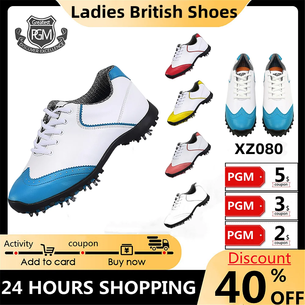 PGM Golf Shoes Ladies British Style Shoes Waterproof Microfiber Leather Studs Golf Sneakers Breathable Fashion Outdoor Sneakers